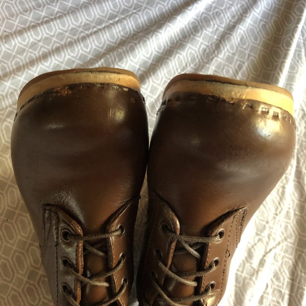 Swedish Hasbeens Brown Leather Lace-Up Platform Clog Boots with Tan Wood Soles - Picture 12 of 16